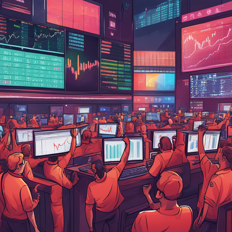 Hand-drawn illustration of stock market trends, digital art, Artstation HQ, meme stocks surge, detailed, vibrant colors, financial graphs, high-tech background, digital illustration, trending on Artstation