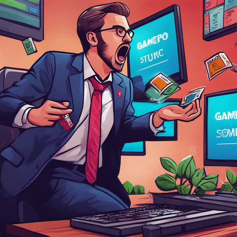 Hand-drawn digital illustration showing a hedge fund manager juggling GameStop and AMC stocks, Artstation HQ, digital art, vibrant colors, humorous depiction, trending on Artstation