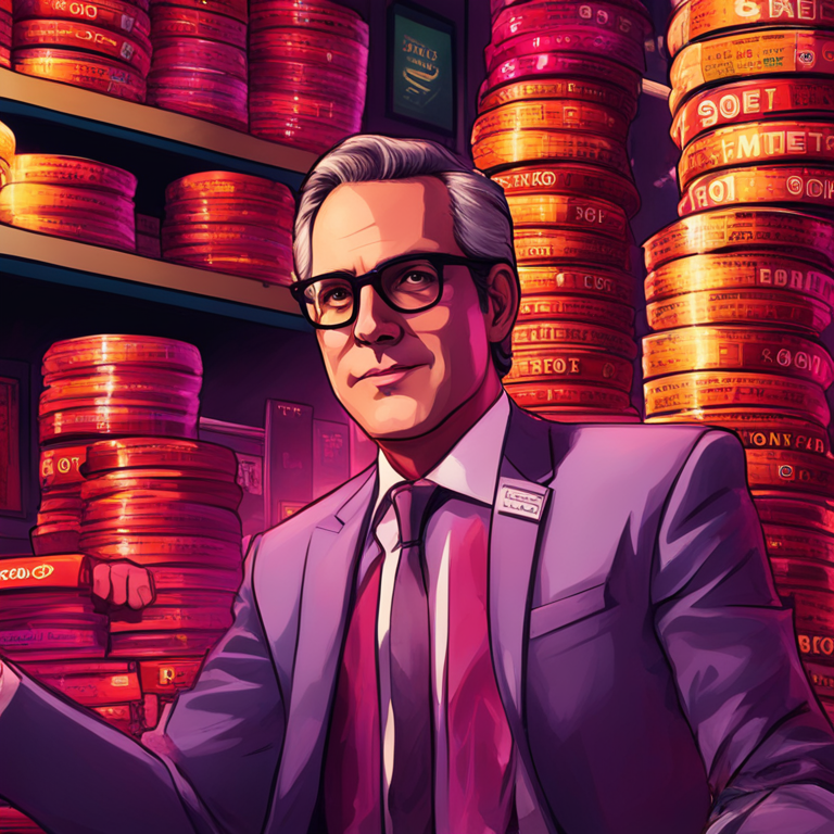 Digital art of a hedge fund manager with stacks of AMC and GameStop shares, Artstation HQ, modern style, vivid colors, detailed, trending on Artstation