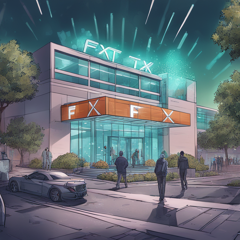 hand-drawn digital illustration of a corporate building labeled FTX, with money showers and perplexed people outside, Artstation HQ, digital art