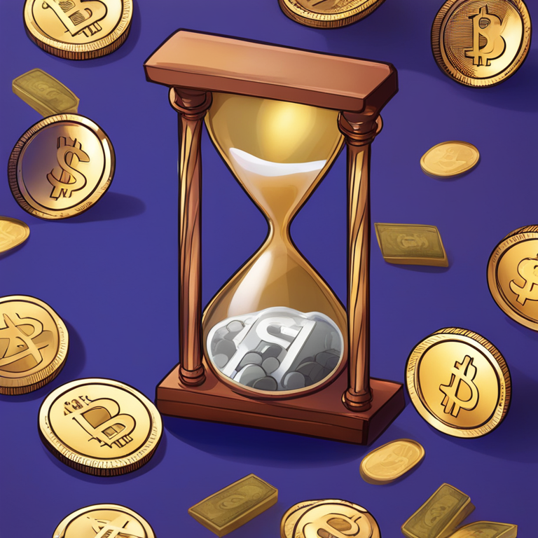 Digital illustration of an hourglass with dollars and cryptocurrencies, Artstation HQ, digital art