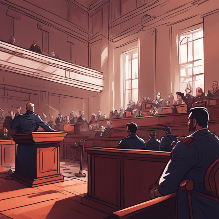 A stylized and abstract hand-drawn digital illustration representing a courtroom battle, Artstation HQ, digital art