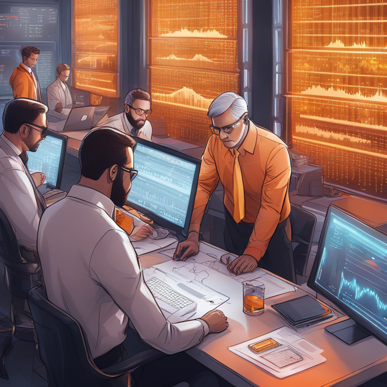 A futuristic and detailed digital illustration of various institutional investors examining Bitcoin ETFs data reports, modern style, Artstation HQ