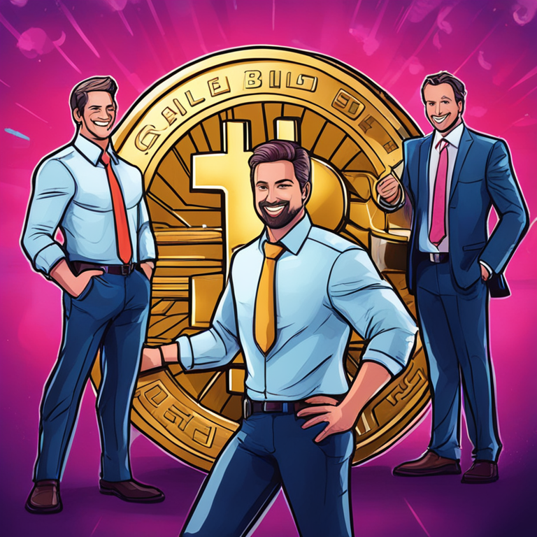 Hand-drawn digital illustration showing corporate executives holding giant gold bitcoins, vibrant colors, office background, artstation HQ, digital art