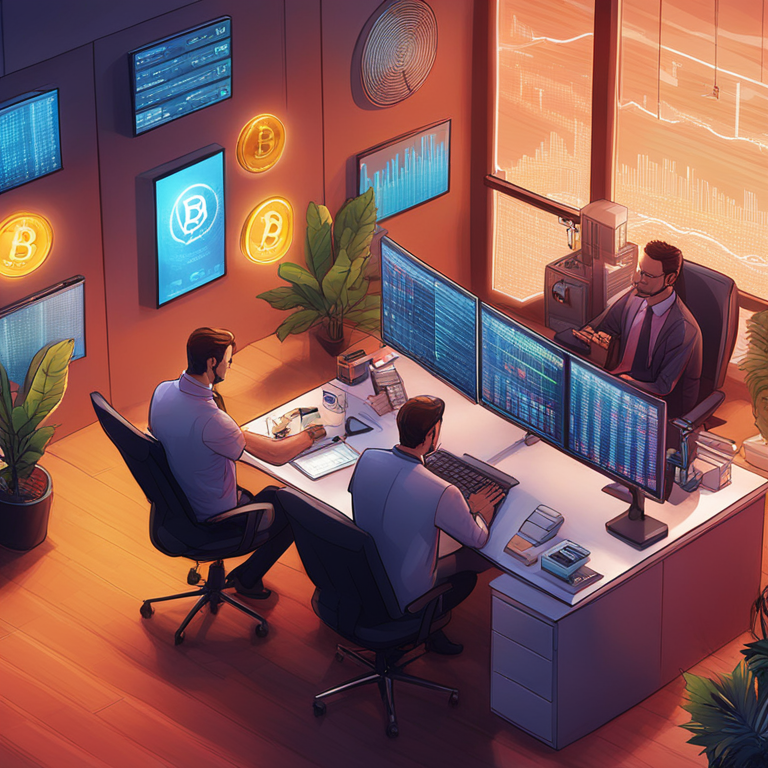 High-tech office with financial advisors analyzing Bitcoin market trends, detailed and vibrant digital illustration, artstation HQ style, digital art