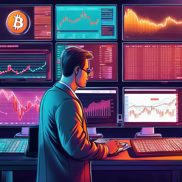 Hand-drawn digital illustration of a market expert analyzing Bitcoin trends on a futuristic digital screen, Artstation HQ, digital art, crystal clear graphics, trend analysis, vibrant colors, financial market insights, detailed