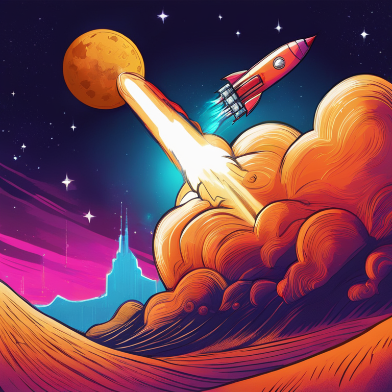 Hand-drawn digital illustration of Bitcoin rocket launching to the moon, Artstation HQ, digital art, vibrant colors, futuristic, energetic, financial success concept, surreal