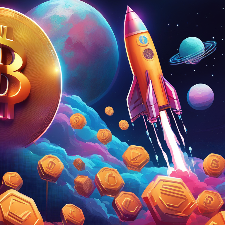 Vivid digital illustration of Bitcoin represented by a futuristic rocket, taking off to the moon with $95,000 figures prominent, encapsulated in lively colors and details, Artstation HQ quality for market predictions