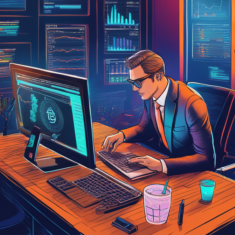 Hand-drawn digital illustration of a financial expert analyzing Bitcoin trends, created in Artstation HQ with vibrant colors and detailed graphics indicating market predictions, showcasing high-tech elements, by popular digital artists