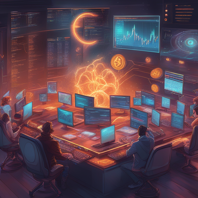 hand-drawn digital illustration, Artstation HQ, digital art, representation of cryptocurrency exchange listing, dynamic charts, vibrant colors, futuristic trading interface, high-resolution digital display, art by Peter Mohrbacher, trending on Artstation, high-energy, finance and tech blend