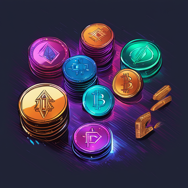 a fistful of new cryptocurrency tokens shining, hand-drawn digital illustration, Artstation HQ, digital art, futuristic, vibrant colors, 2024 token launch, blockchain technology