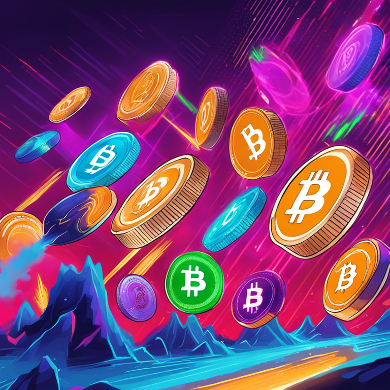 hand-drawn digital illustration of cryptocurrency tokens launching, Artstation HQ, digital art, dynamic presentation, vibrant colors, trending on Artstation