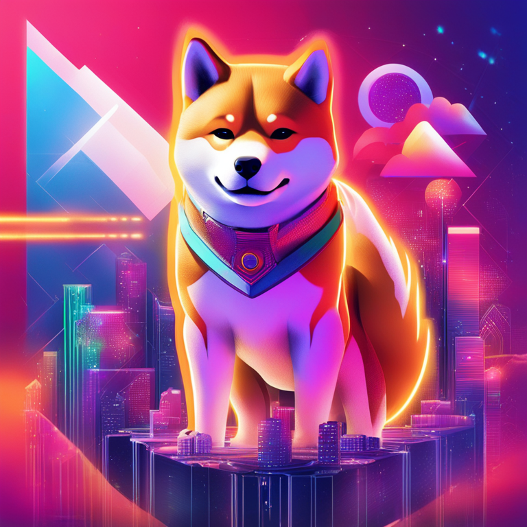 A futuristic digital illustration predicting a bullish rise of Shiba Inu, with 3D elements and abstract charts, high-resolution, digital finance theme, vivid colors, optimism in financial trading, hand-drawn, Artstation HQ, digital art