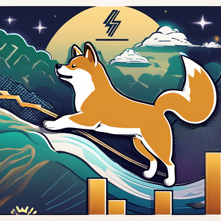 a digital art illustration representing Shiba Inu cryptocurrency reaching new heights with charts and moving averages, Artstation HQ, colorful, eye-catching design, hand-drawn elements, modern