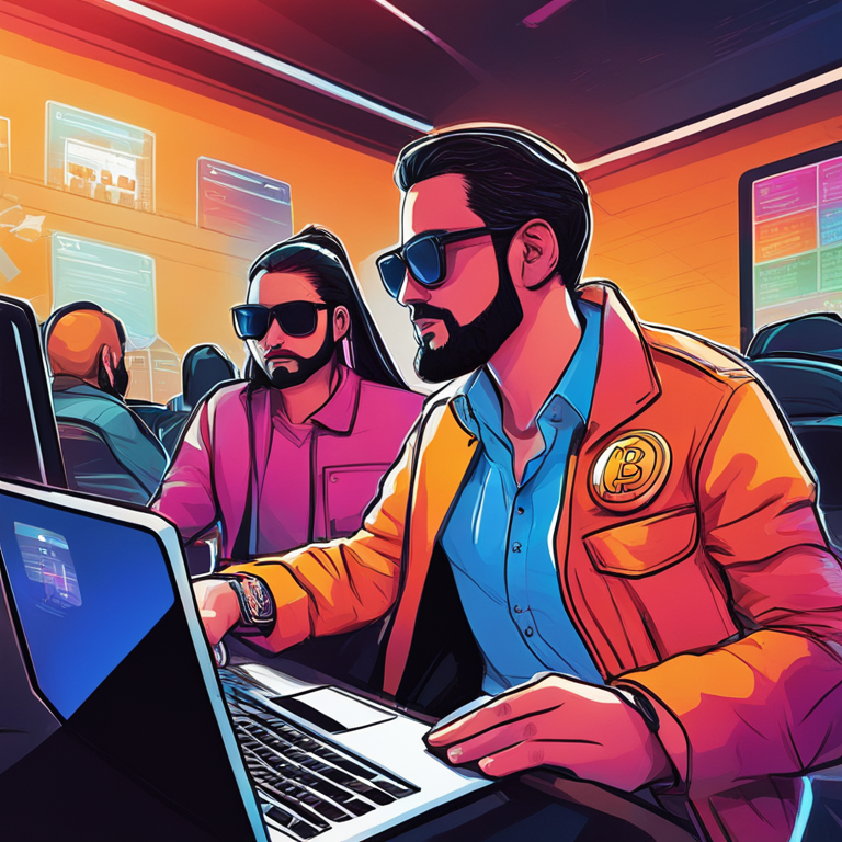 Colorful digital illustration of investors in El Salvador viewing Bitcoin sidechain applications, featuring a dynamic and trendy magazine style, Artstation HQ