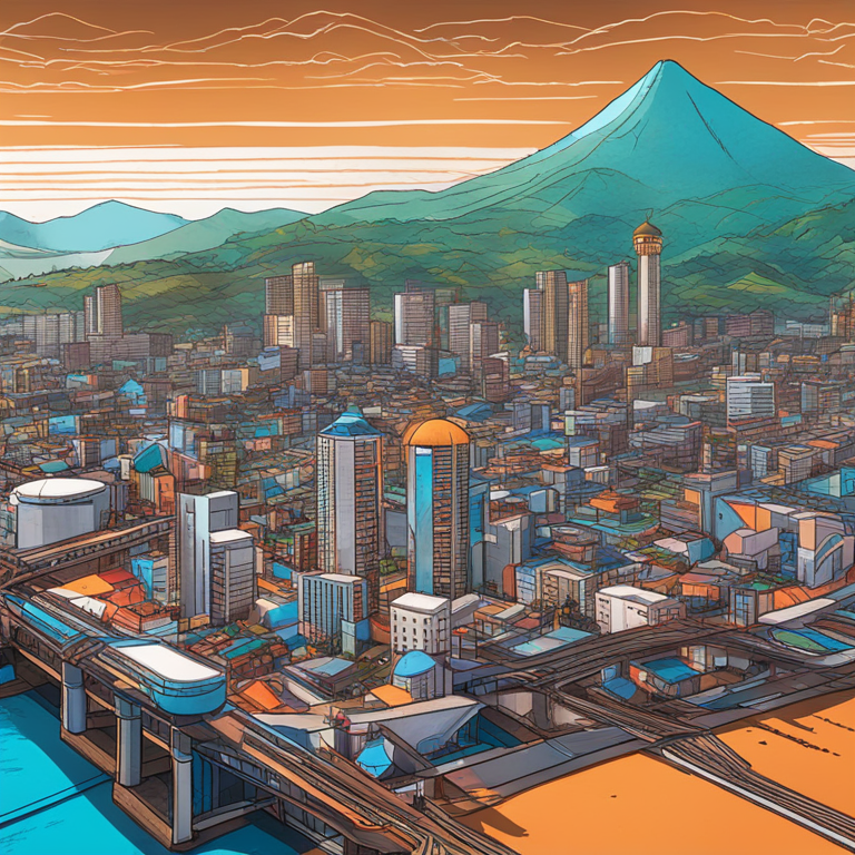 Hand-drawn digital illustration of a futuristic cityscape in El Salvador, showcasing Bitcoin developments, Artstation HQ, digital art, vibrant colors