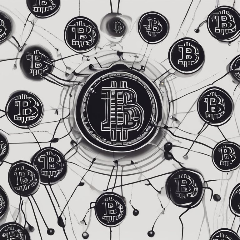 Hand-drawn digital illustration representing the Liquid Network with multiple interconnected Bitcoin symbols, Artstation HQ, digital art