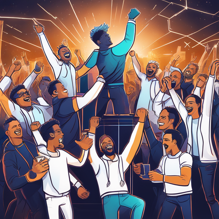 hand-drawn digital illustration of a triumphant team celebrating a successful blockchain investment, featuring modern and dynamic visuals, Artstation HQ, digital art, 2023