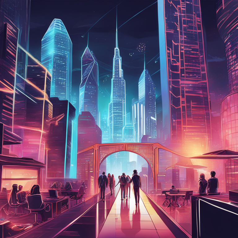 Hand-drawn digital illustration depicting the optimism and ambitious future of a decentralized finance company, Artstation HQ, digital art, future outlook concept with futuristic cityscape, technological innovation, vibrant colors, trending on Artstation, hopeful and dynamic scene inspired by Silicon Valley ingenuity.