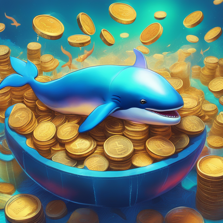 Whale accumulating massive amounts of Pepe Coin, digital art with elements like giant whale figures symbolizing investors, piles of digital coins, financial charts in vibrant colors, Artstation HQ, innovative visual presentation, high-quality illustrations