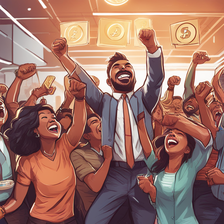 Hand-drawn digital illustration of excited investors celebrating the rise of Pepe Coin, Artstation HQ, digital art