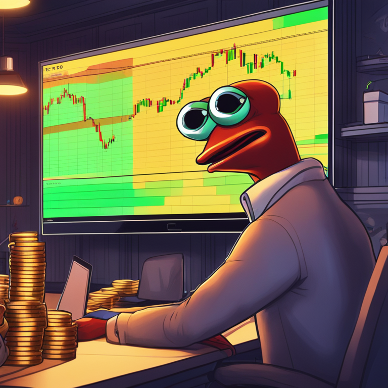 Surprised investors watching Pepe Coin price charts on a digital screen, Artstation HQ, digital art