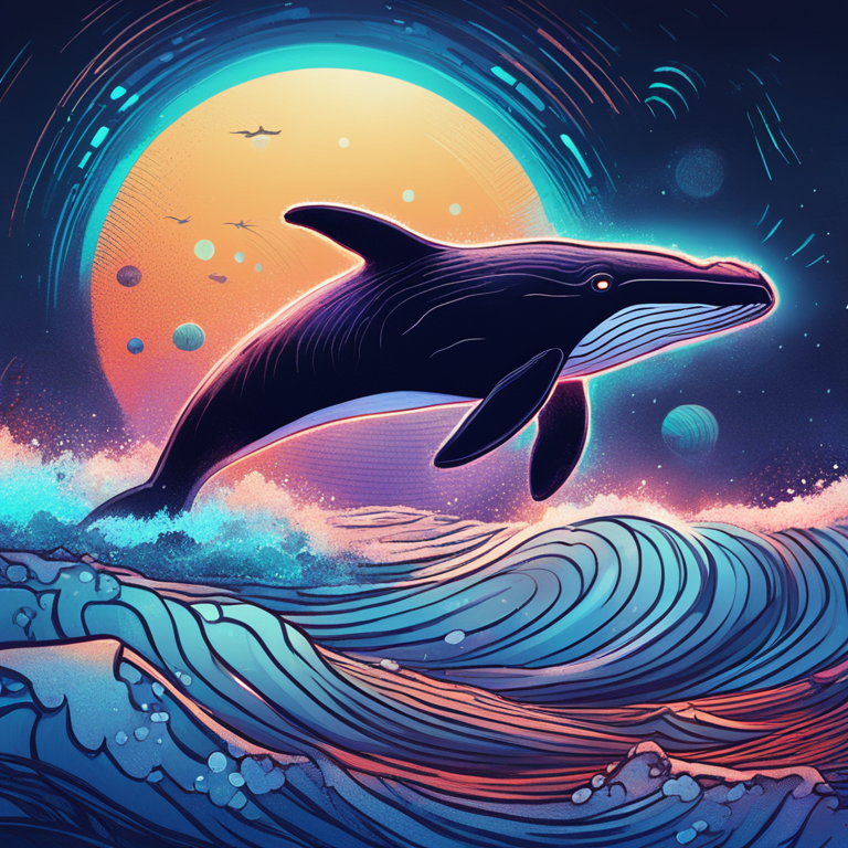 hand-drawn digital illustration, Artstation HQ, digital art, digital whale breaching ocean waves made of XRP tokens, futuristic finance theme, glowing colors