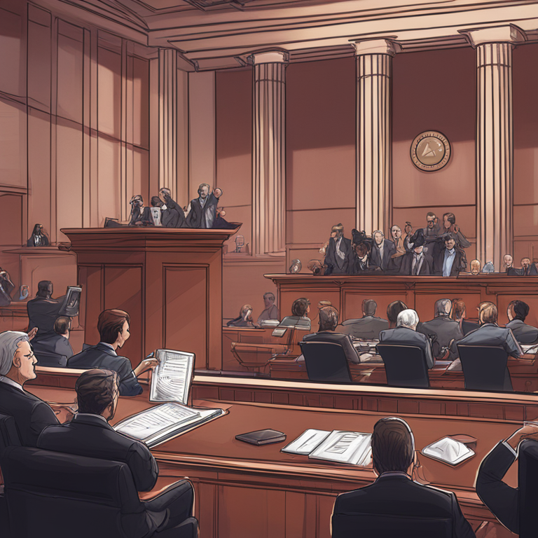 hand-drawn digital illustration, Artstation HQ, digital art, visual representation of legal disputes involving digital assets, SEC vs XRP lawsuit developing in a courtroom setting