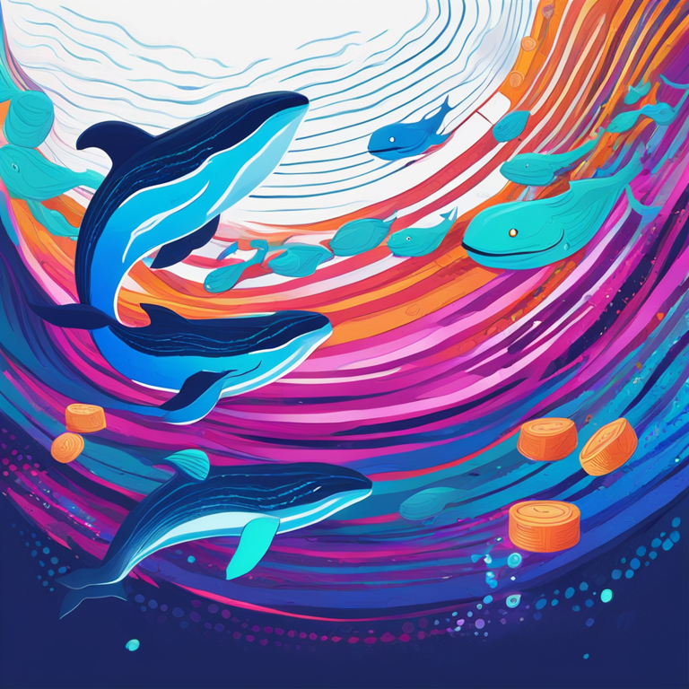 hand-drawn digital illustration, Artstation HQ, digital art, Ripple whales concept, vibrant colors, detailed whale swimming through digital XRP tokens, abstract background, trending on Artstation