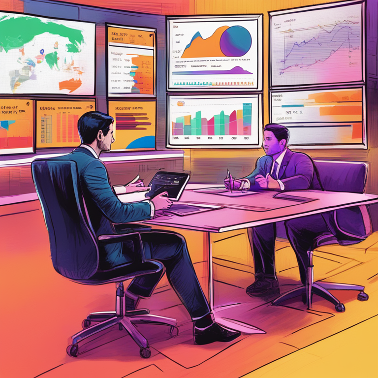 hand-drawn digital illustration of Paul Ryan discussing stablecoins on Bloomberg, Artstation HQ, digital art, vibrant colors, table with charts, professional and engaging style