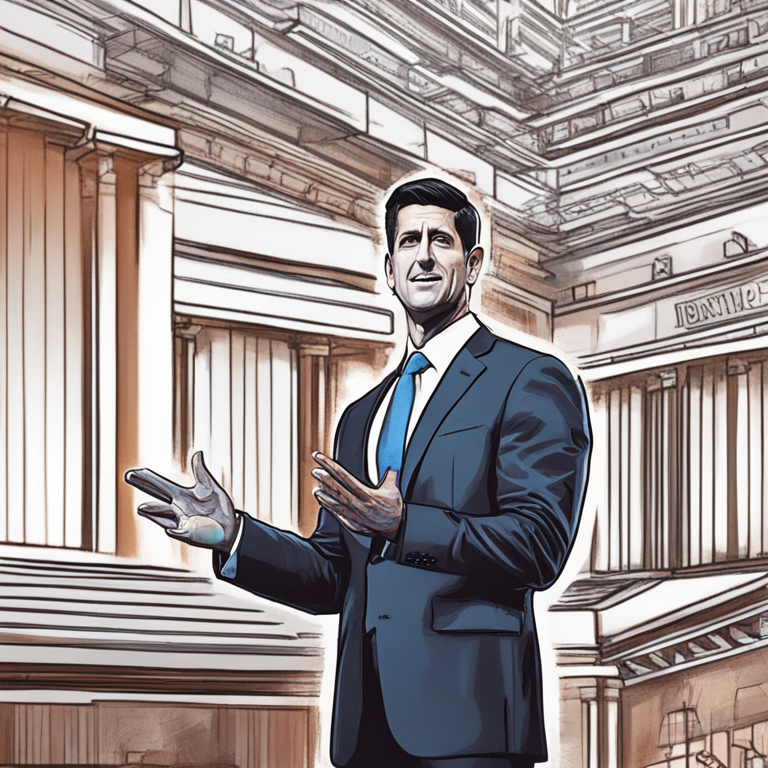 hand-drawn digital illustration of Paul Ryan speaking about stablecoins, Artstation HQ, digital art.