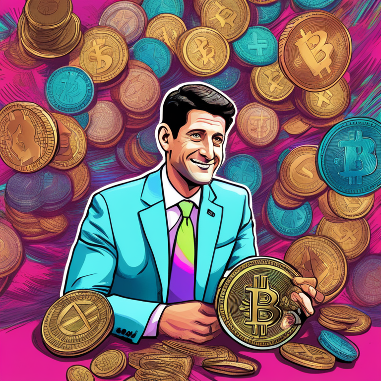 hand-drawn digital illustration of Paul Ryan and cryptocoins in vibrant colors, modern art, Artstation HQ.