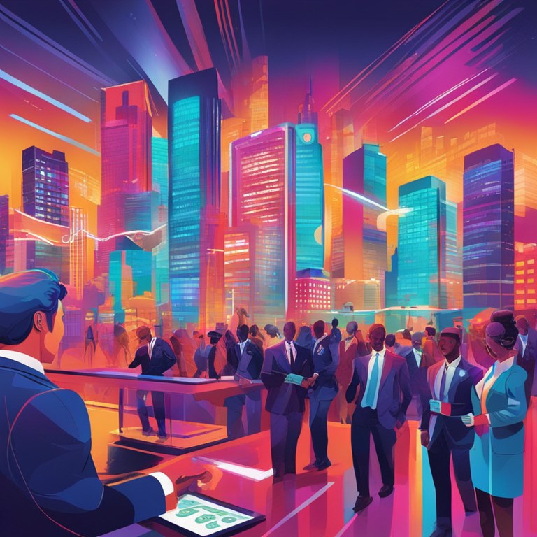 Colorful abstract digital illustration showing digital money, a bustling city with skyscrapers, and shady characters in suits in the background. The illustration is a mix of vibrant colors with a high-tech theme, resembling a cover page of a magazine