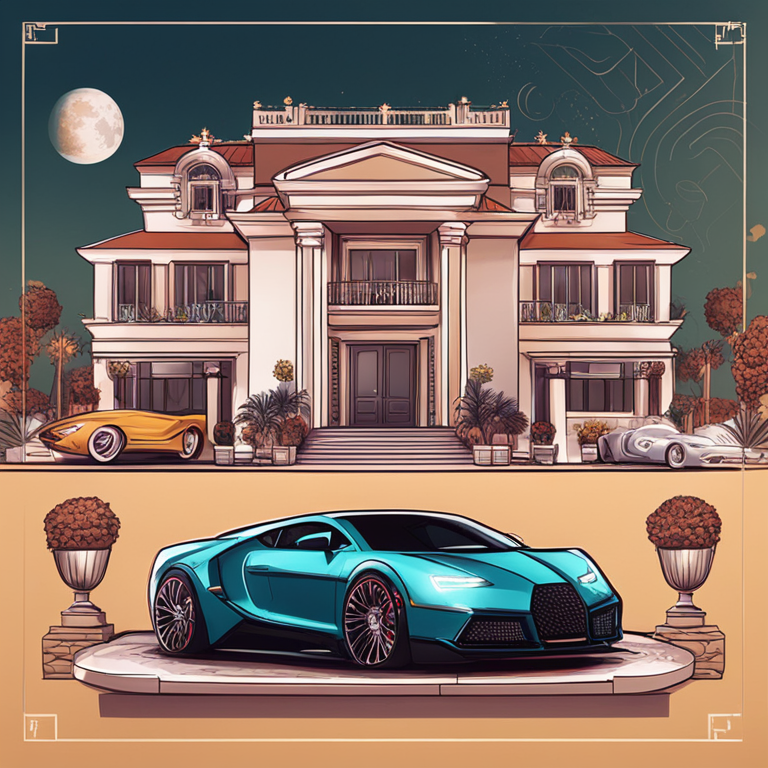 Hand-drawn digital illustration of Aiden Pleterski, the 'Crypto King', and his luxury lifestyle, featuring elements such as luxury cars, an extravagant mansion, and cryptocurrency symbols, Artstation HQ, digital art, trendy magazine style