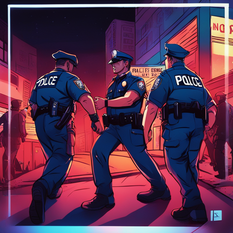 Hand-drawn digital illustration of police arresting individuals at night. The scene features flashing police lights, a stern officer in the foreground, and suspects being handcuffed in the background. The illustration balances vibrant colors with a dark, gripping atmosphere, giving a sense of urgency and tension. Artstation HQ, modern digital art