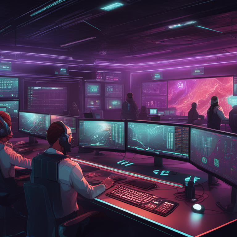 Illustrated scene of a digital trading floor with Kraken and $FLOKI symbols and futuristic graphics, popular digital art style, high detail, trending on Artstation