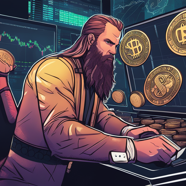 A vibrant digital illustration of $FLOKI coin being traded on Kraken, surrounded by futuristic stock market indicators, Artstation HQ, digital art, hand-drawn style