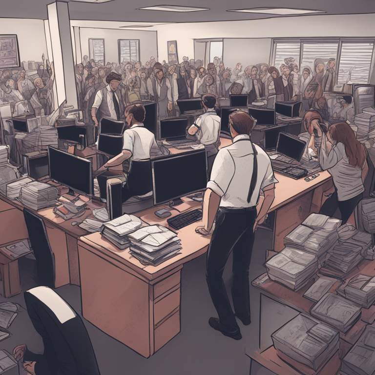 hand-drawn digital illustration of a dramatic office exodus, highlighting anxiety over AI safety, Artstation HQ, digital art