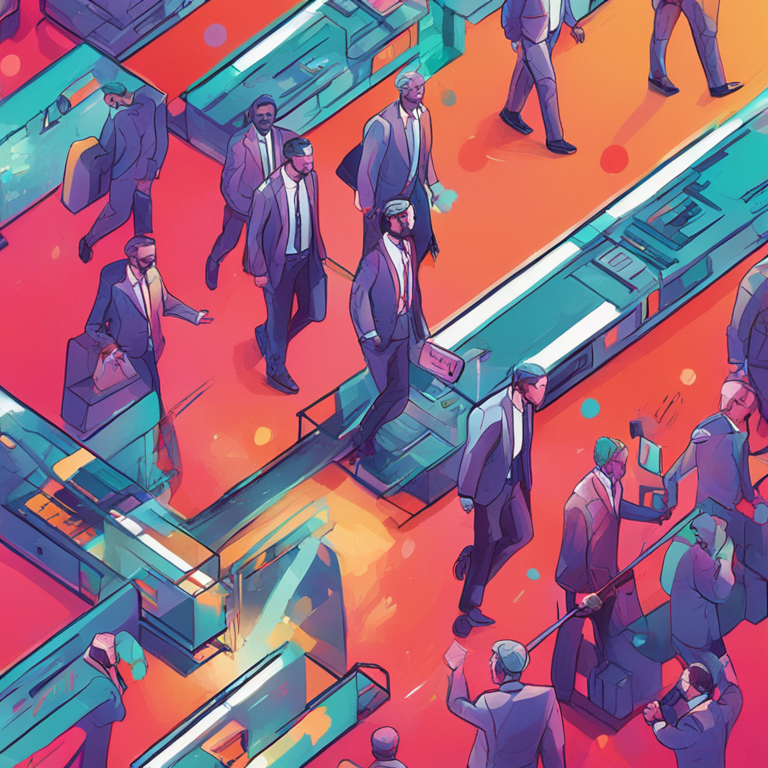 a detailed digital illustration of AI leaders leaving a tech company, hand-drawn, trending on Artstation, modern, abstract, vibrant colors