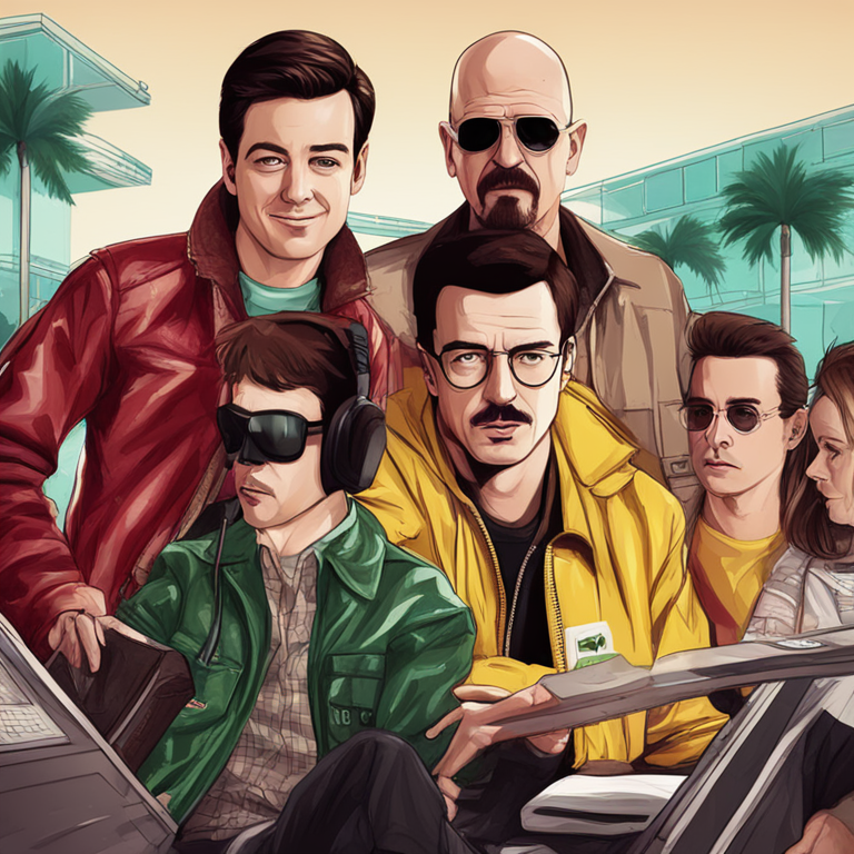 Funny mashup of Ferris Bueller and Breaking Bad characters, hand-drawn digital illustration, Artstation HQ, digital art