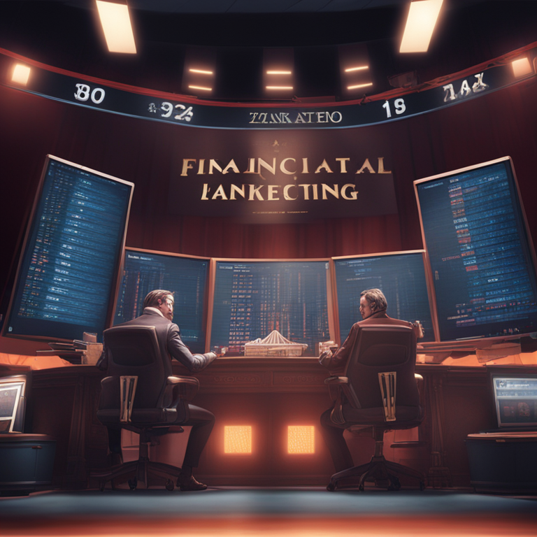 A theatrical scene with iconic movie characters portraying pivotal moments related to financial markets, Artstation HQ, dramatic lighting, digital illustration