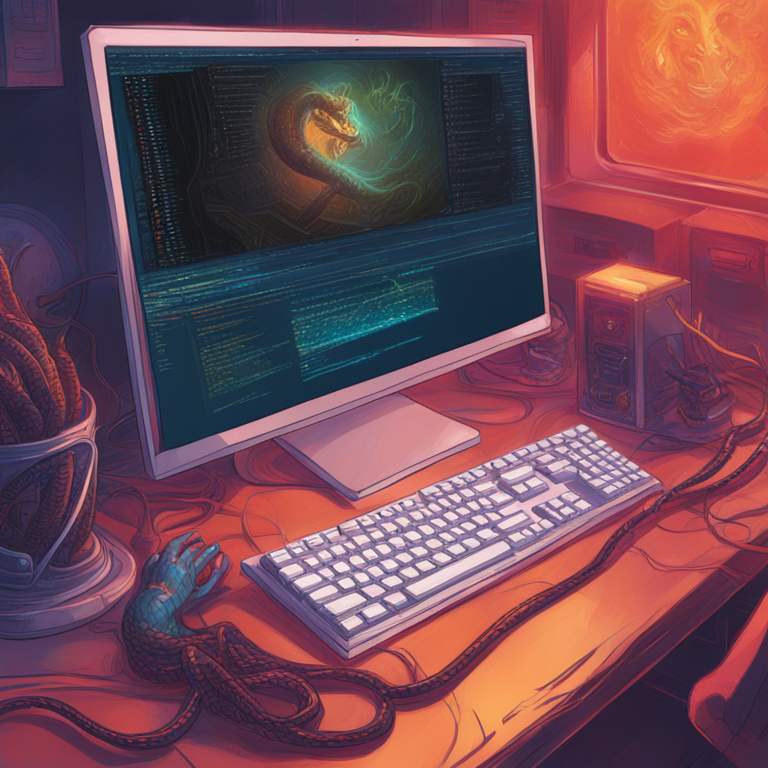 Hand-drawn digital illustration of a computer setup with Python code on the screen, vibrant colors, modern, art by Peter Mohrbacher and Donato Giancola, trending on Artstation