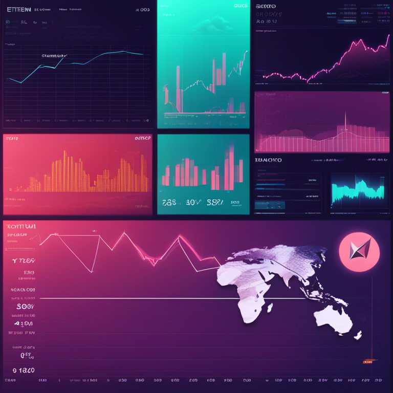 Digital art collage of Ethereum market analysis, showing technical indicators and price charts with futuristic design, Artstation HQ, modern and vibrant illustration