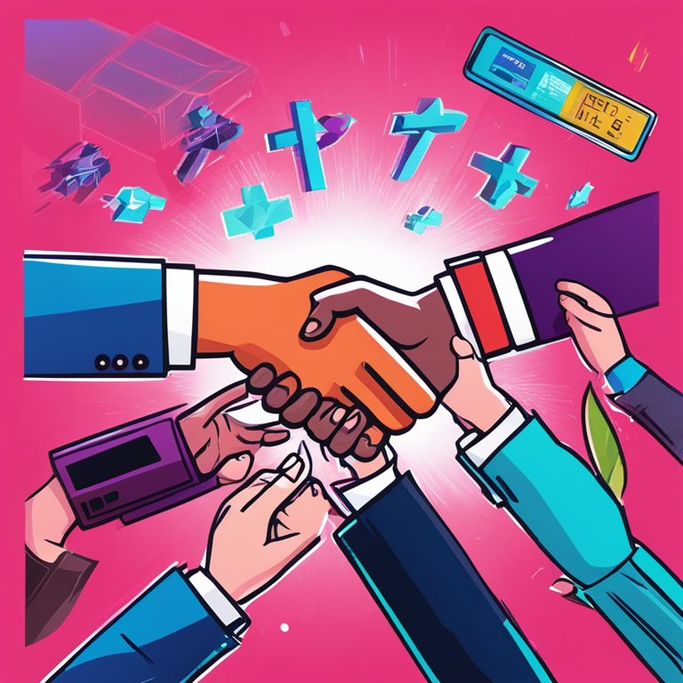 hand-drawn digital illustration showing the collaboration between Oasys and SBI NFT Market, featuring business folks shaking hands and digital icons, Artstation HQ, colorful and vibrant digital art