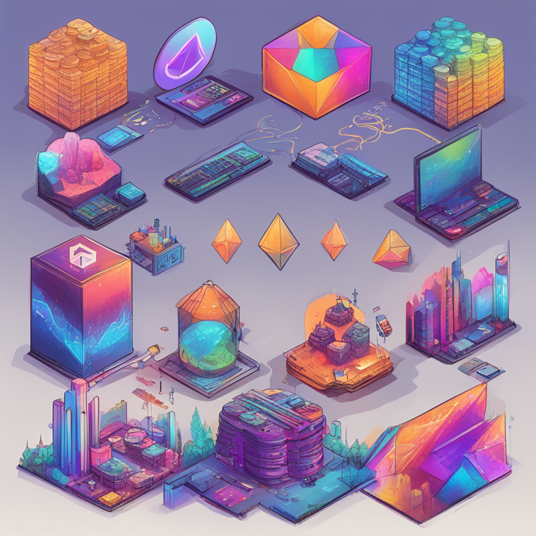 hand-drawn digital illustration, Artstation HQ, digital art, representation of various supported blockchains and assets on SBINFT Market, including Ethereum, Polygon, Oasys Hub-Layer, and MCH Verse, detailed and vibrant, modern art style, trending on Artstation