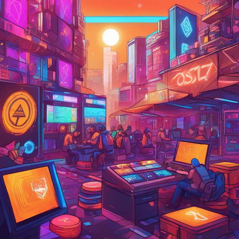 hand-drawn digital illustration, Artstation HQ, digital art, abstract representation of Oasys and SBINFT Market collaboration in crypto gaming and NFTs, detailed and vibrant, modern art style, trending on Artstation