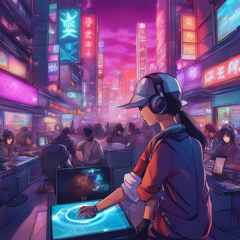 A dynamic and futuristic hand-drawn digital illustration of blockchain technology integration in gaming, featuring players interacting with NFT assets in a vibrant Japanese urban setting, Artstation HQ, digital art