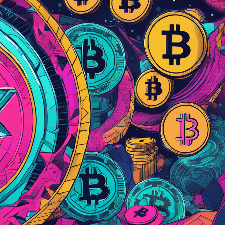 hand-drawn digital illustration of cryptocurrency concepts, Artstation HQ, digital art, bright colors, futuristic design, abstract patterns representing market fluctuations, created in the style of a trendy magazine publication