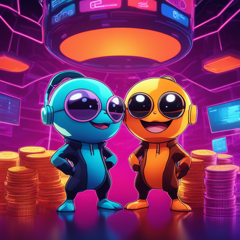 artistic digital rendering of two cryptocurrency mascots, Near Protocol and Pepe, mirroring each other in market trends, Artstation HQ, vibrant colors, futuristic style, abstract market chart in the background