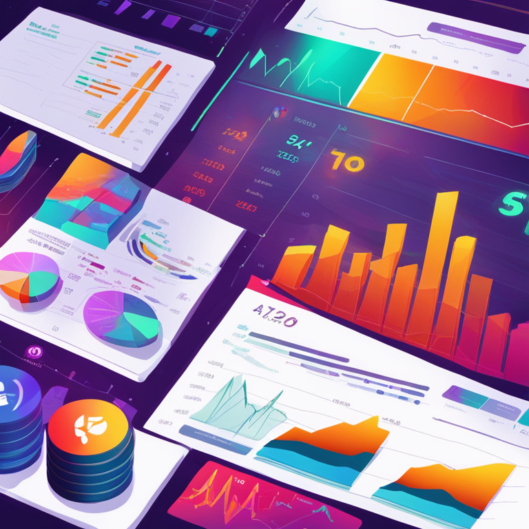 Hand-drawn digital illustration, statistical charts displaying total assets, vibrant colors, showcasing economic growth and digital finance trends, Artstation HQ, digital art